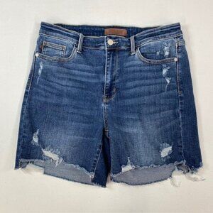Judy Blue Mid Rise 15253 XL Distressed Denim Shorts Dark Wash Frayed Hem Stretch